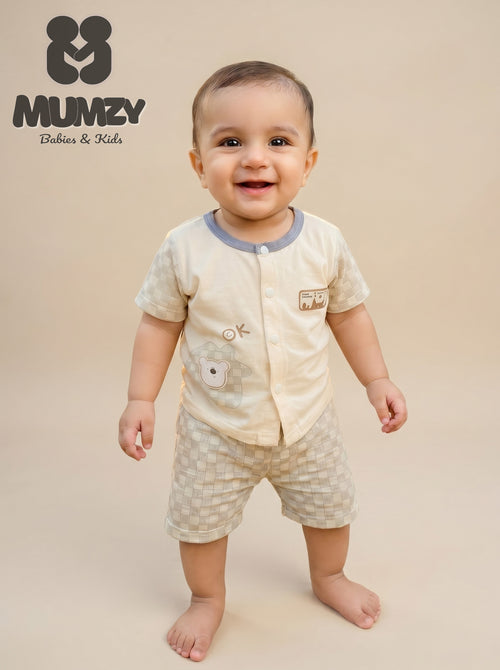 Imported 2-Piece Baby Boy Summer Outfit | Neutral Cotton Shirt & Shorts Set