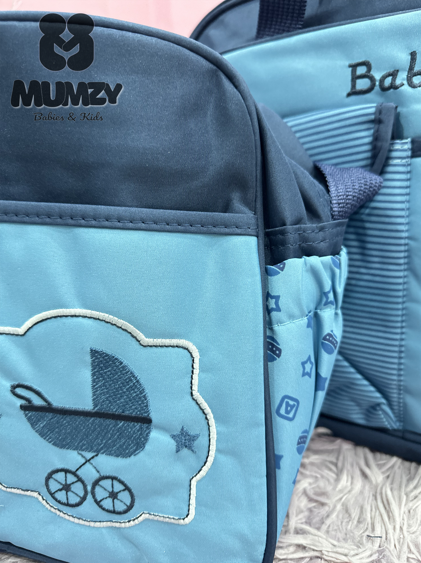 Mumzy 2-Piece Embroidered Baby Diaper Bag Set | Maternity Travel Tote & Nappy Bag
