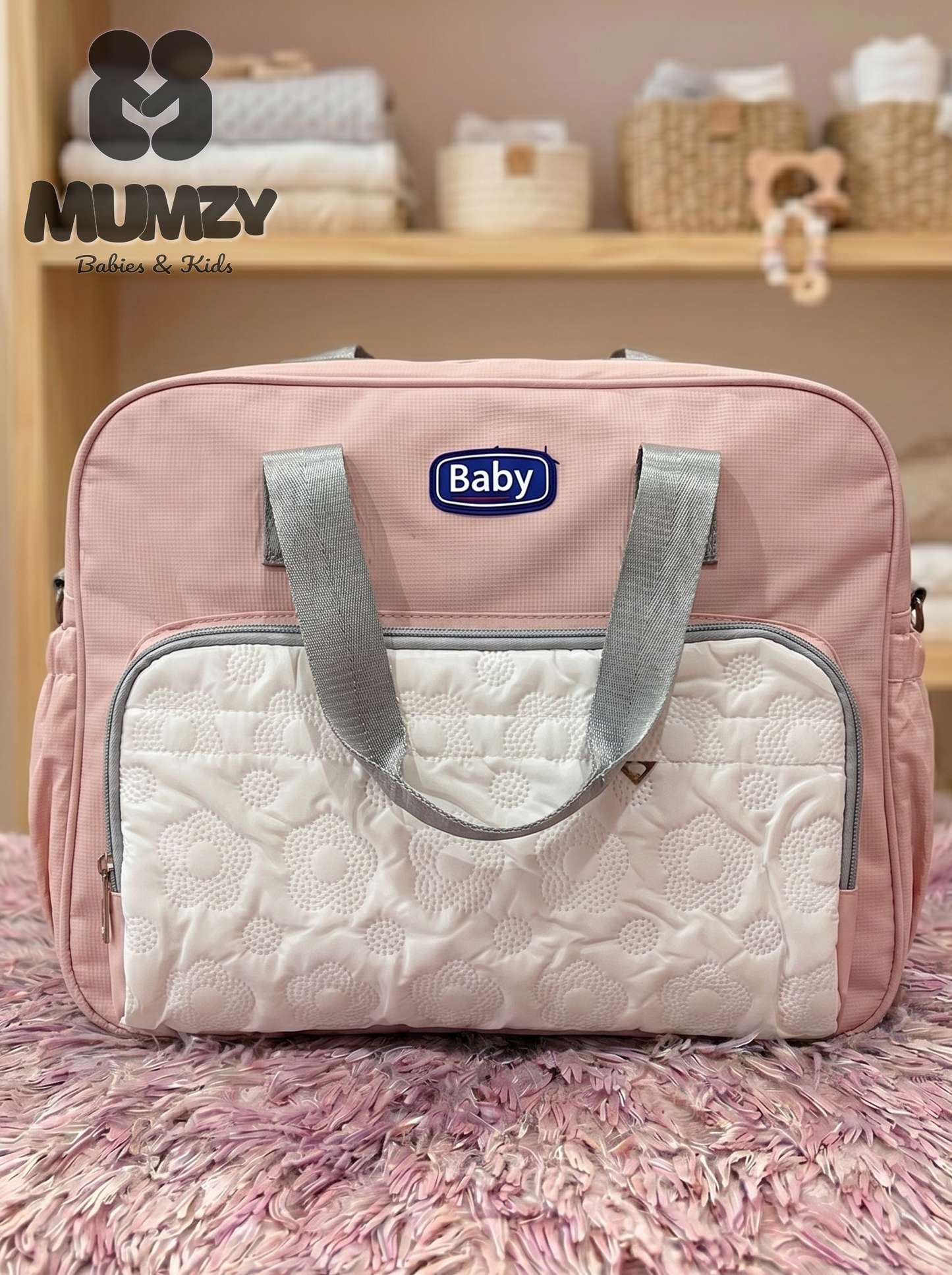 Mumzy Embossed Floral Baby Diaper Bag | Quilted Maternity Tote & Nappy Bag