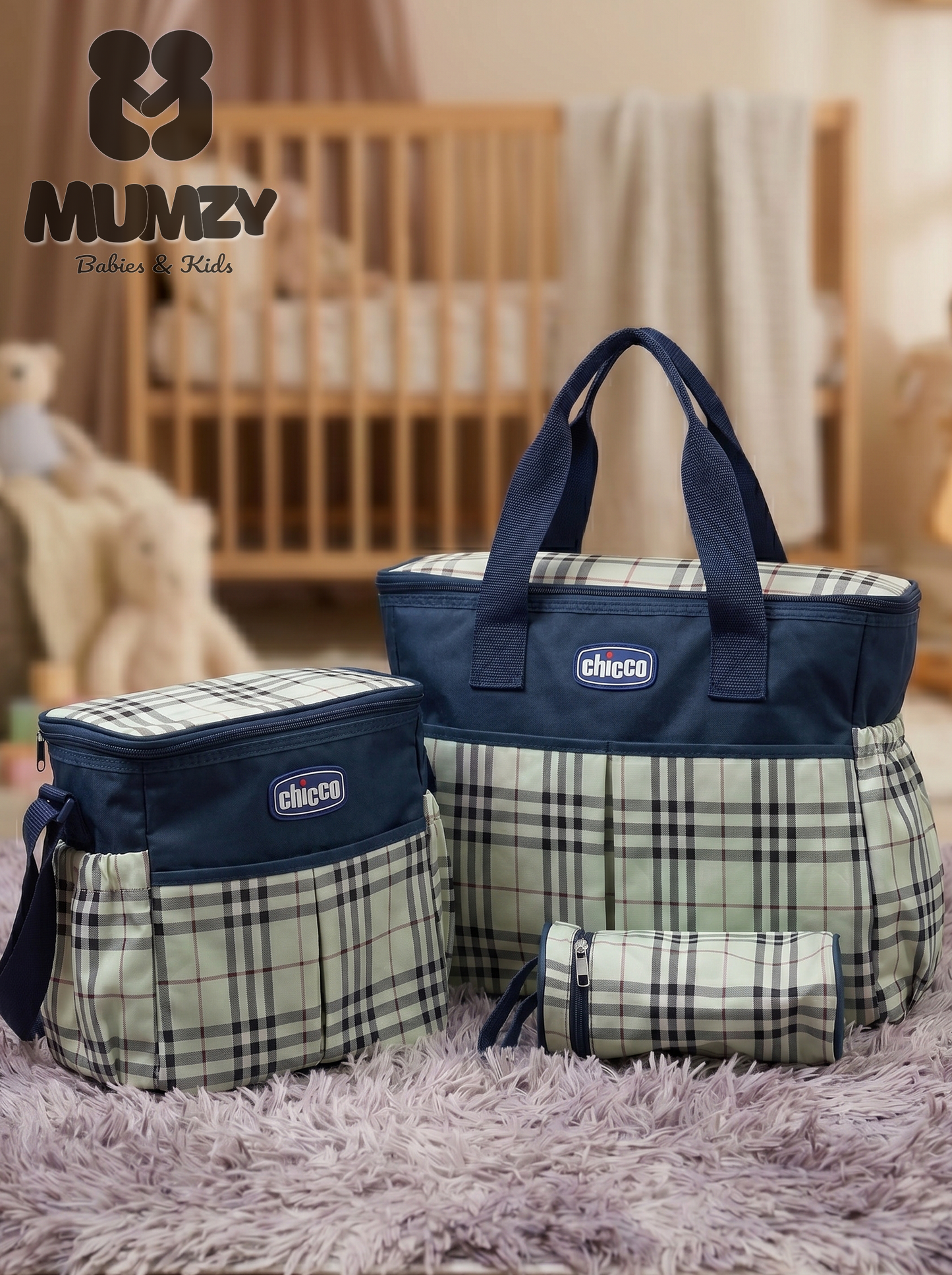 Chicco 3-Piece Plaid Baby Diaper Bag Set | Maternity Tote, Nappy Bag & Bottle Pouch