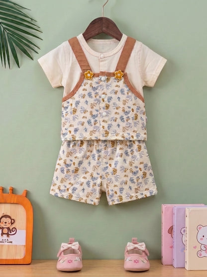 Vintage Floral Faux-Dungaree Tee & Shorts Set