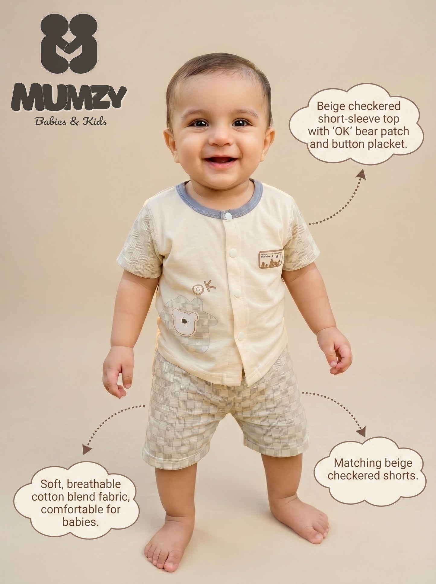 Imported 2-Piece Baby Boy Summer Outfit | Neutral Cotton Shirt & Shorts Set