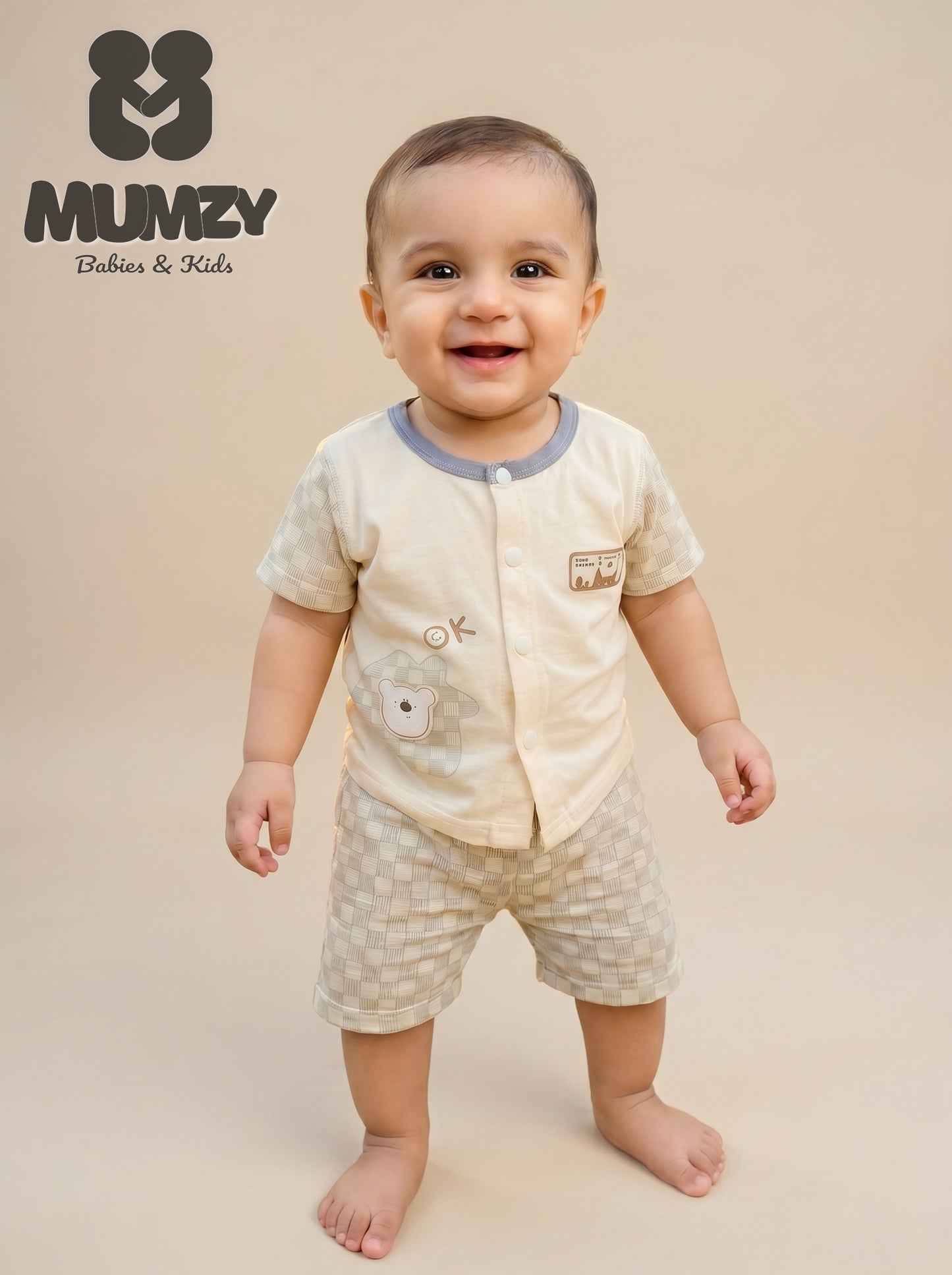Imported 2-Piece Baby Boy Summer Outfit | Neutral Cotton Shirt & Shorts Set