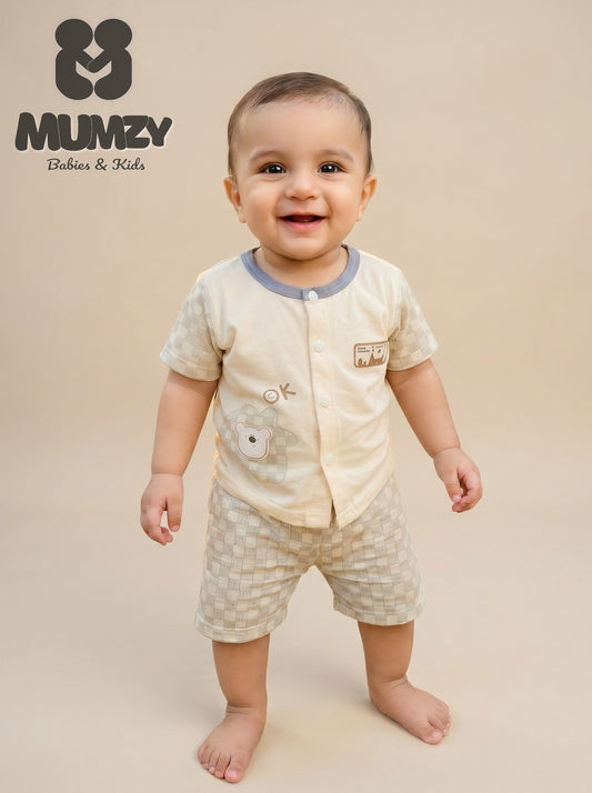 Imported 2-Piece Baby Boy Summer Outfit | Neutral Cotton Shirt & Shorts Set